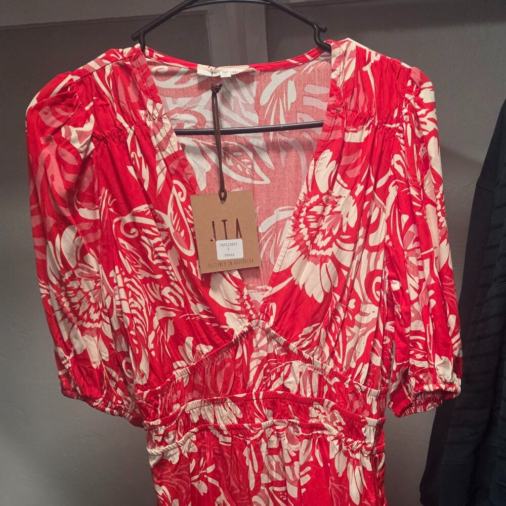 Floral Print Dress Womens Small Red Cream